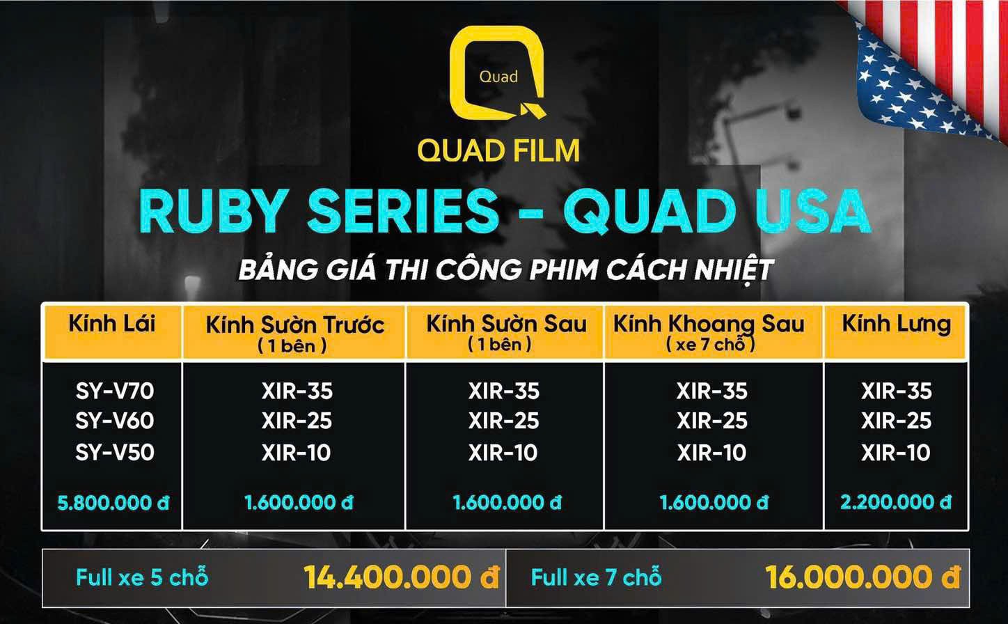 Bảng giá thi công phim cách nhiệt MAGNETRON Series (Ruby series - QUAD USA)