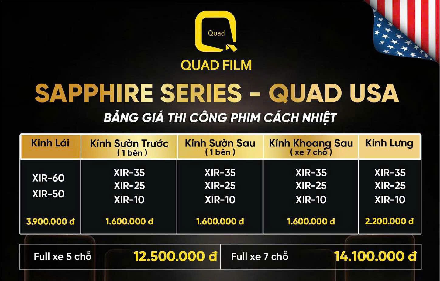 Bảng giá thi công phim cách nhiệt Matrix Series (Sapphire Series - QUAD USA)